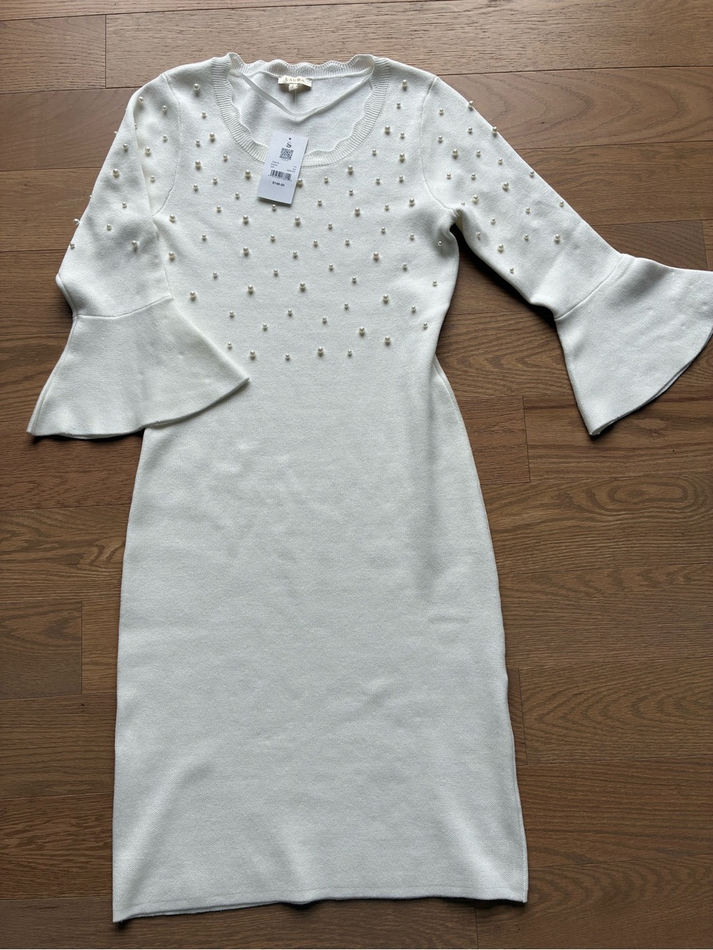 🤍 Laura Pearl-Embellished White Dress – Size S – NWT